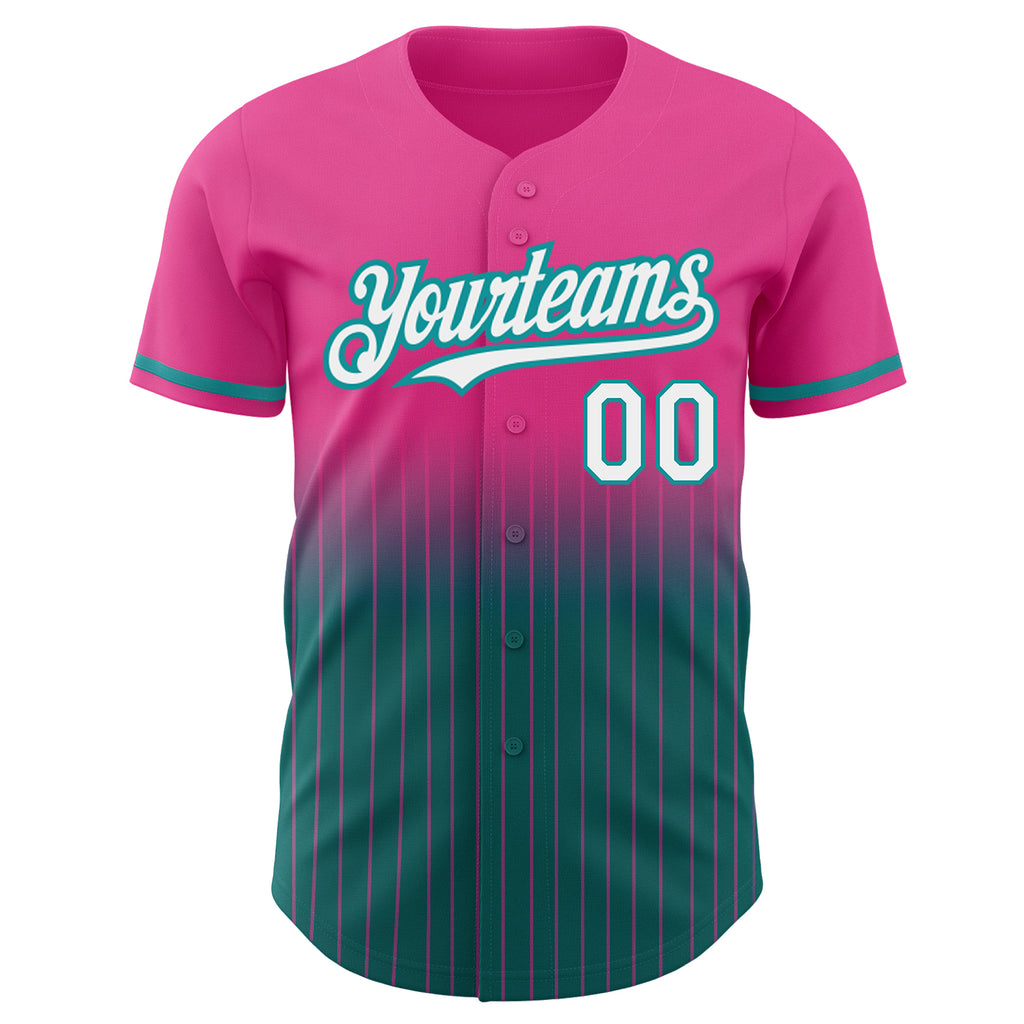 Custom Pink Pinstripe White-Teal Authentic Fade Fashion Baseball Jersey
