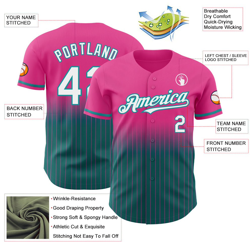 Custom Pink Pinstripe White-Teal Authentic Fade Fashion Baseball Jersey