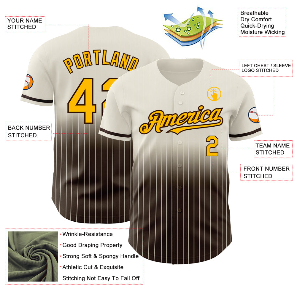 Custom Cream Pinstripe Gold-Brown Authentic Fade Fashion Baseball Jersey