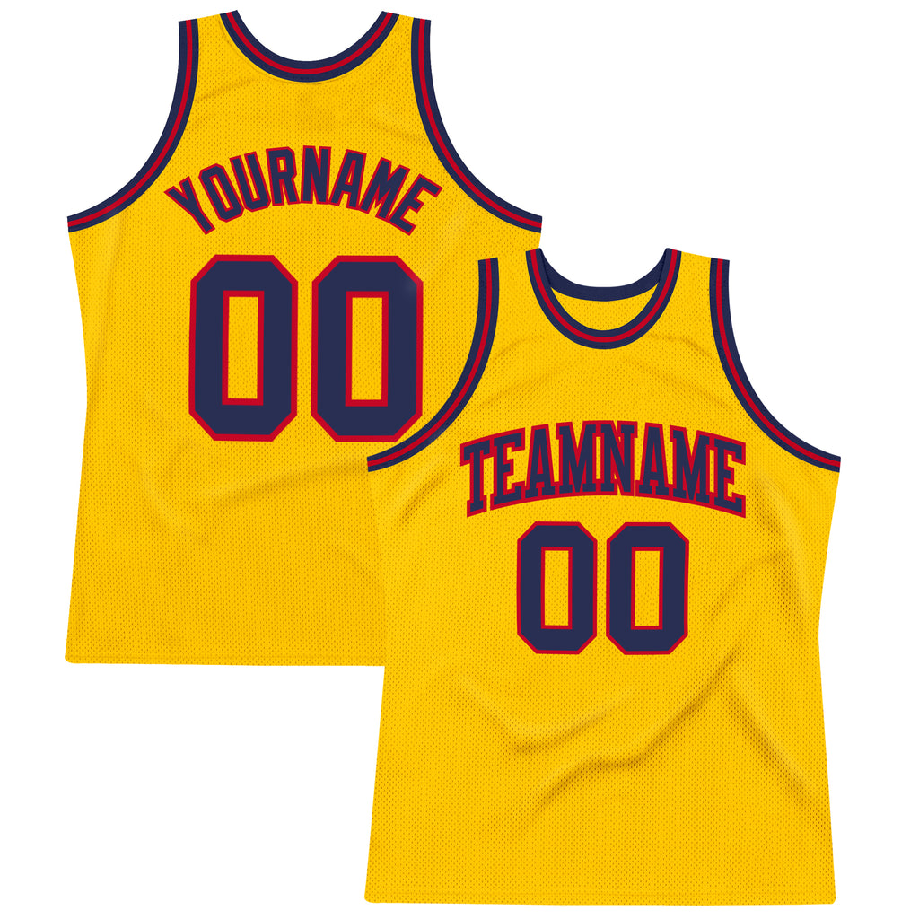 Custom Gold Navy-Red Authentic Throwback Basketball Jersey