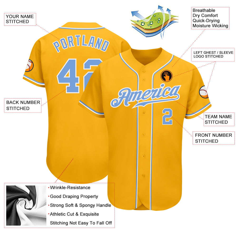 Custom Gold Light Blue-White Authentic Baseball Jersey