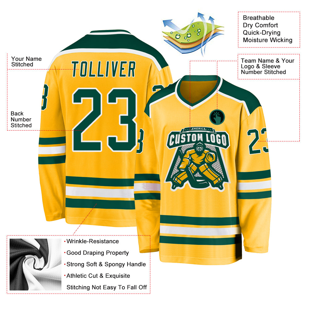 Custom Gold Green-White Hockey Jersey