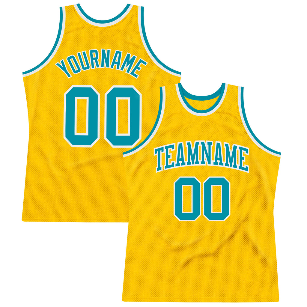 Custom Gold Teal-White Authentic Throwback Basketball Jersey