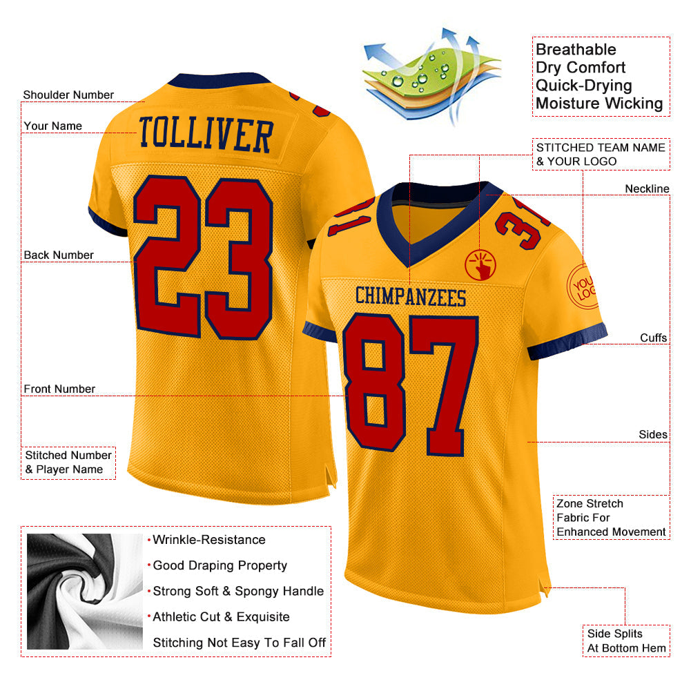 Custom Gold Red-Navy Mesh Authentic Football Jersey