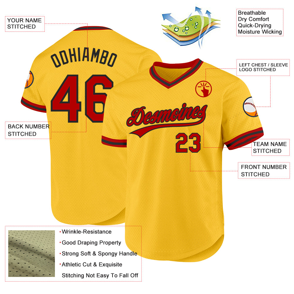 Custom Gold Red-Black Authentic Throwback Baseball Jersey