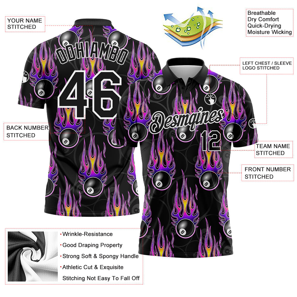 Custom Black White-Purple 3D Pattern Design Bowling Ball With Hotrod Flame Performance Golf Polo Shirt