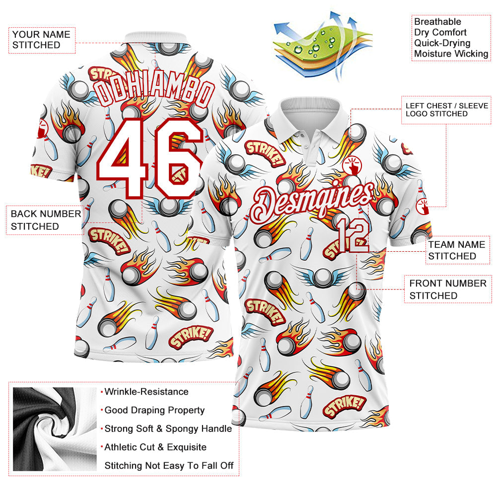 Custom White Red 3D Pattern Design Firely Bowling Performance Golf Polo Shirt