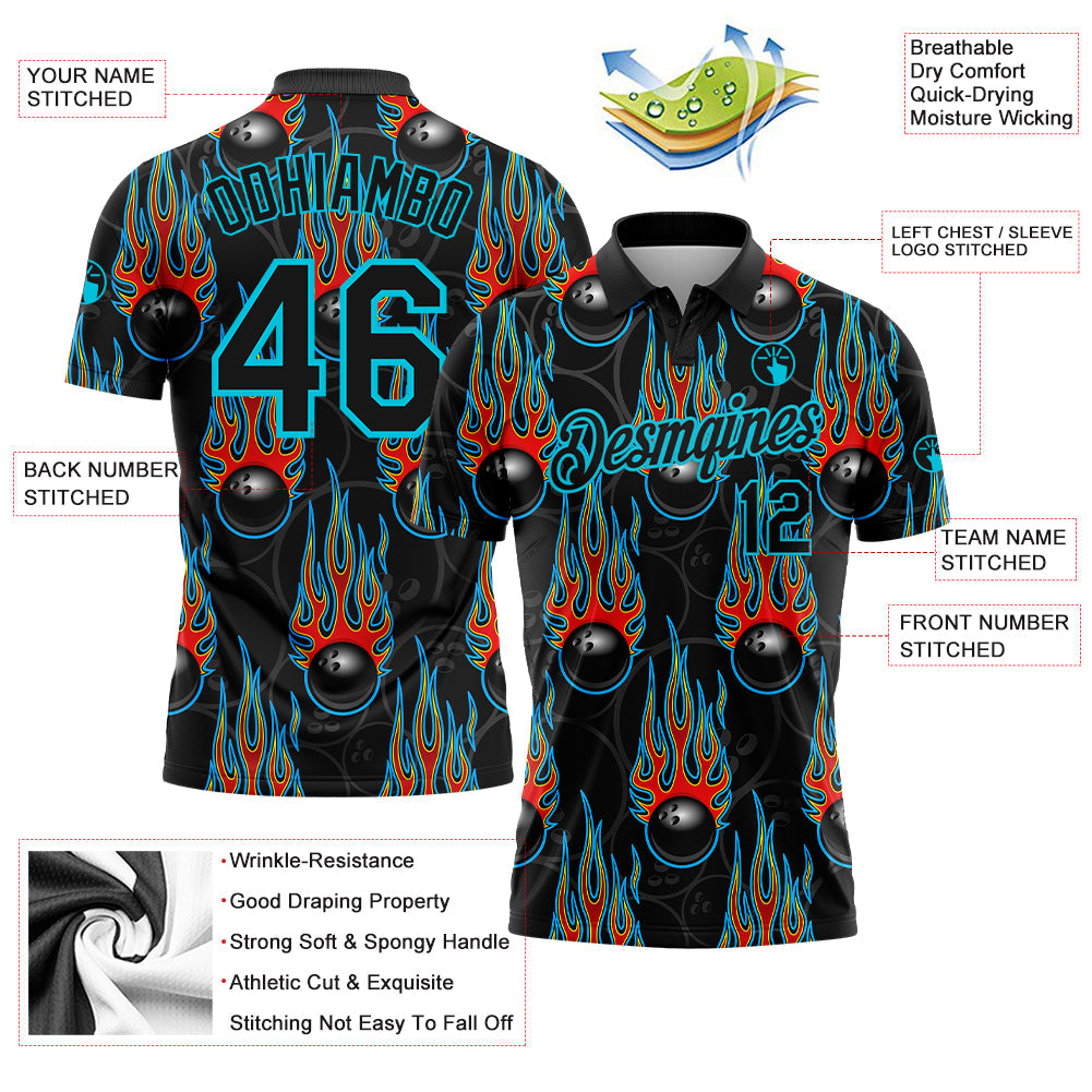 Custom Black Lakes Blue 3D Pattern Design Bowling Ball With Hotrod Flame Performance Golf Polo Shirt