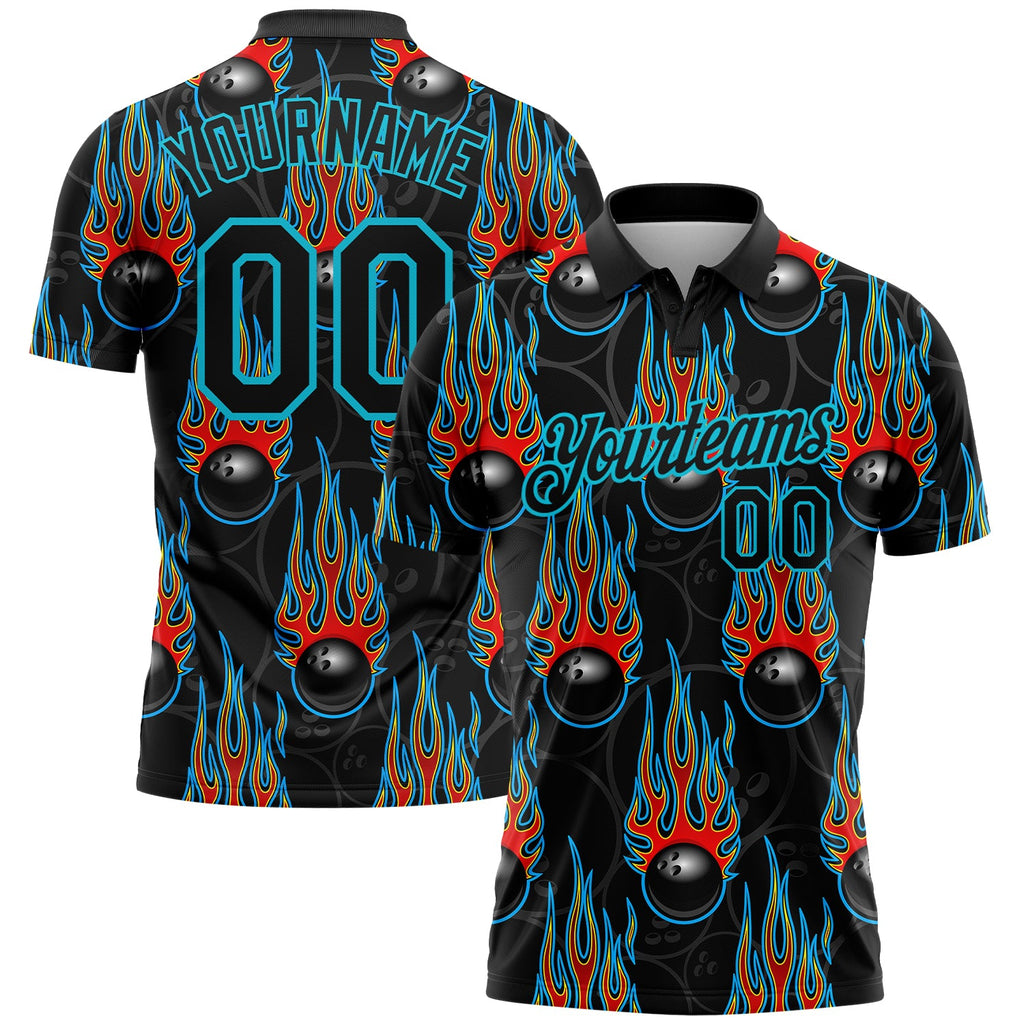Custom Black Lakes Blue 3D Pattern Design Bowling Ball With Hotrod Flame Performance Golf Polo Shirt