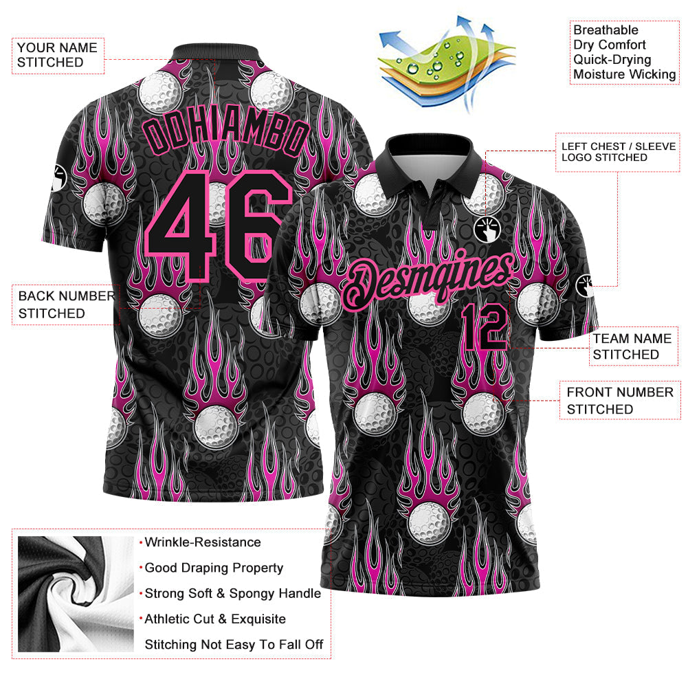 Custom Black Pink 3D Pattern Design Firely Golf Ball Performance Golf Polo Shirt