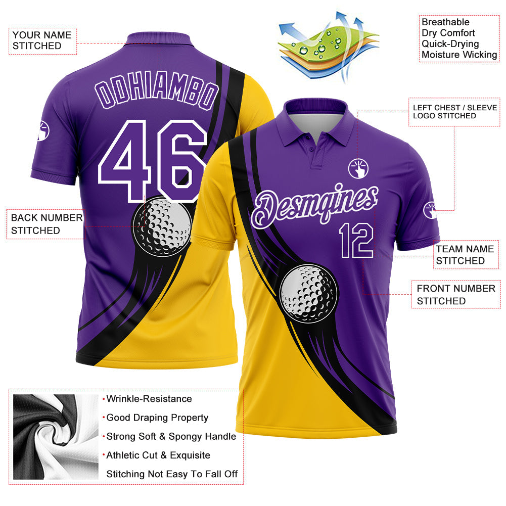 Custom Purple Yellow-Black 3D Pattern Design Golf Ball Performance Golf Polo Shirt
