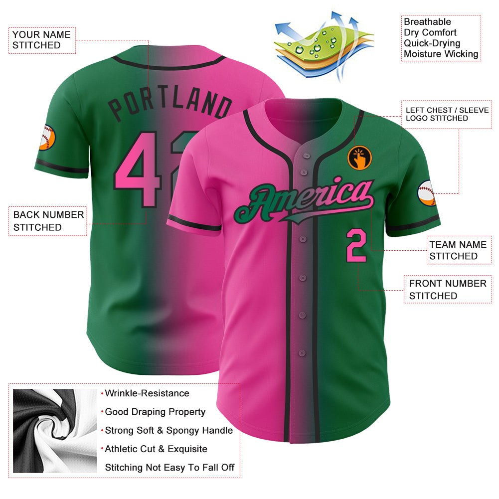 Custom Kelly Green Pink-Black Authentic Gradient Fashion Baseball Jersey