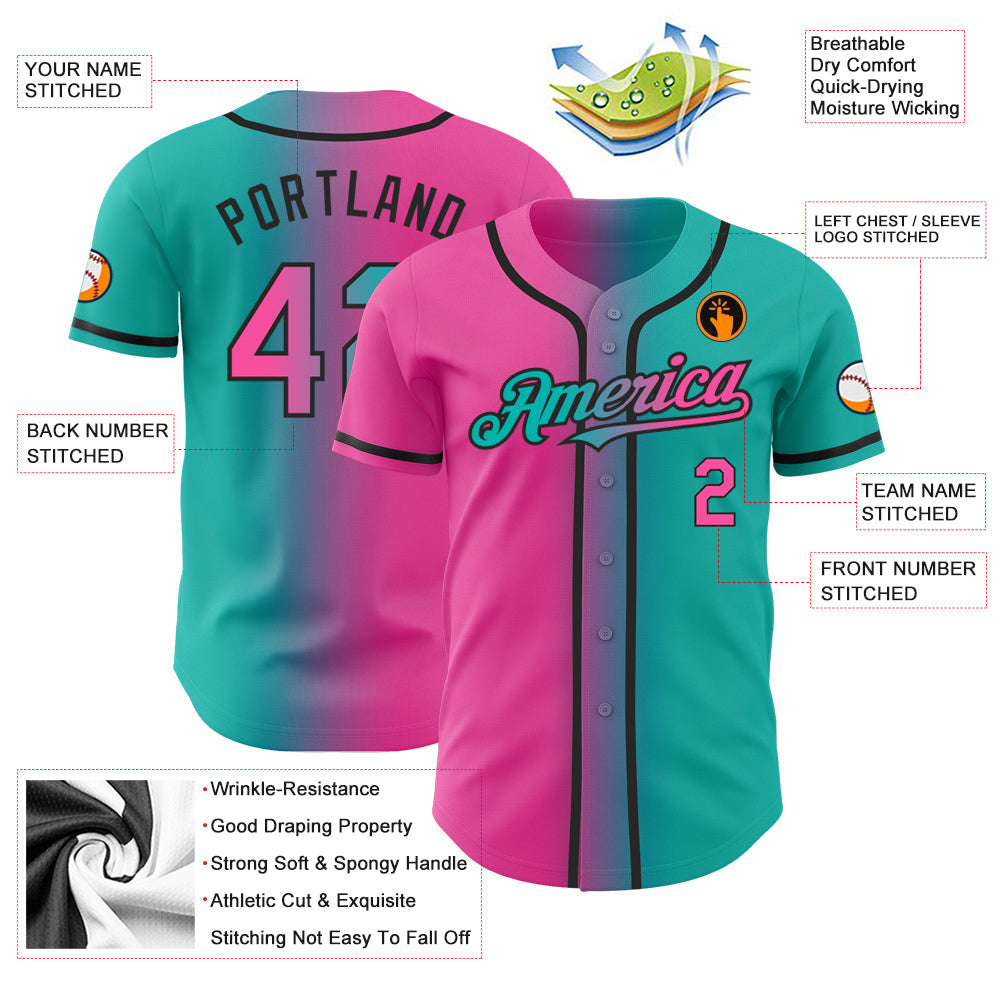 Custom Aqua Pink-Black Authentic Gradient Fashion Baseball Jersey