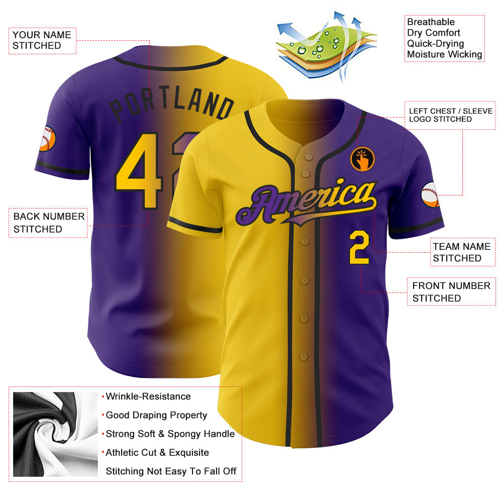 Custom Purple Yellow-Black Authentic Gradient Fashion Baseball Jersey