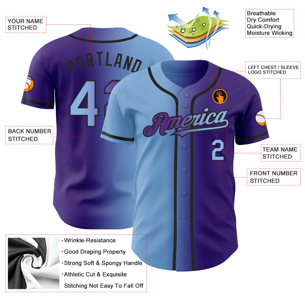 Custom Purple Light Blue-Black Authentic Gradient Fashion Baseball Jersey