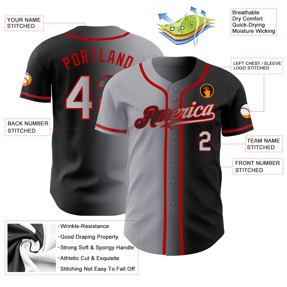 Custom Black Gray-Red Authentic Gradient Fashion Baseball Jersey