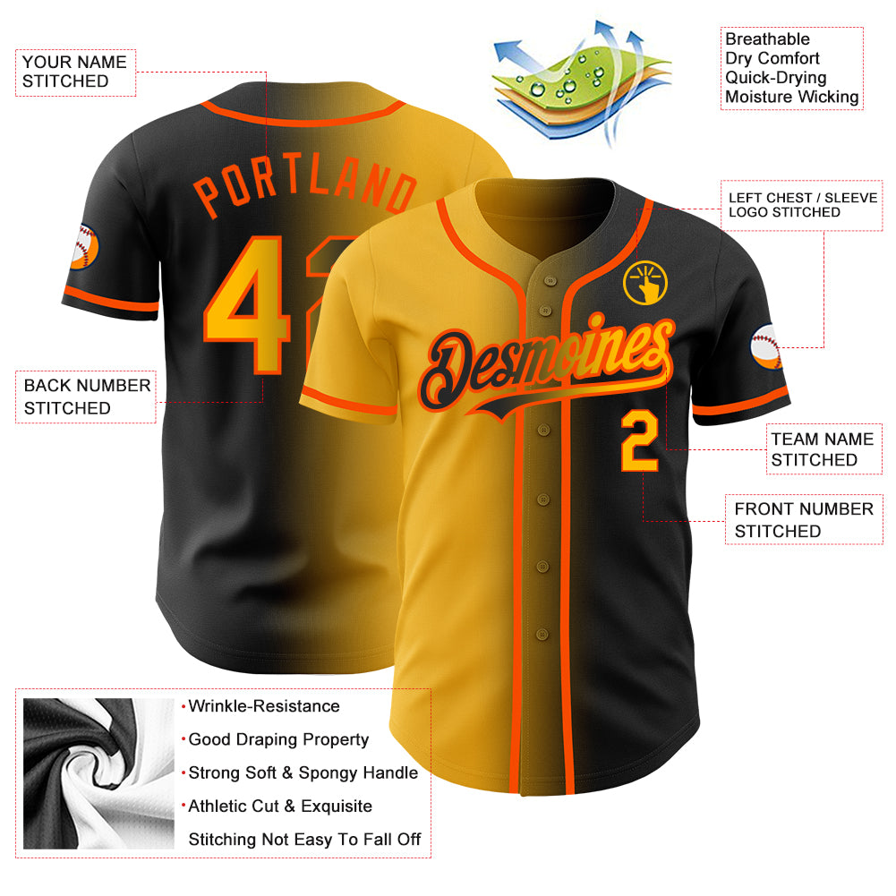 Custom Black Gold-Orange Authentic Gradient Fashion Baseball Jersey