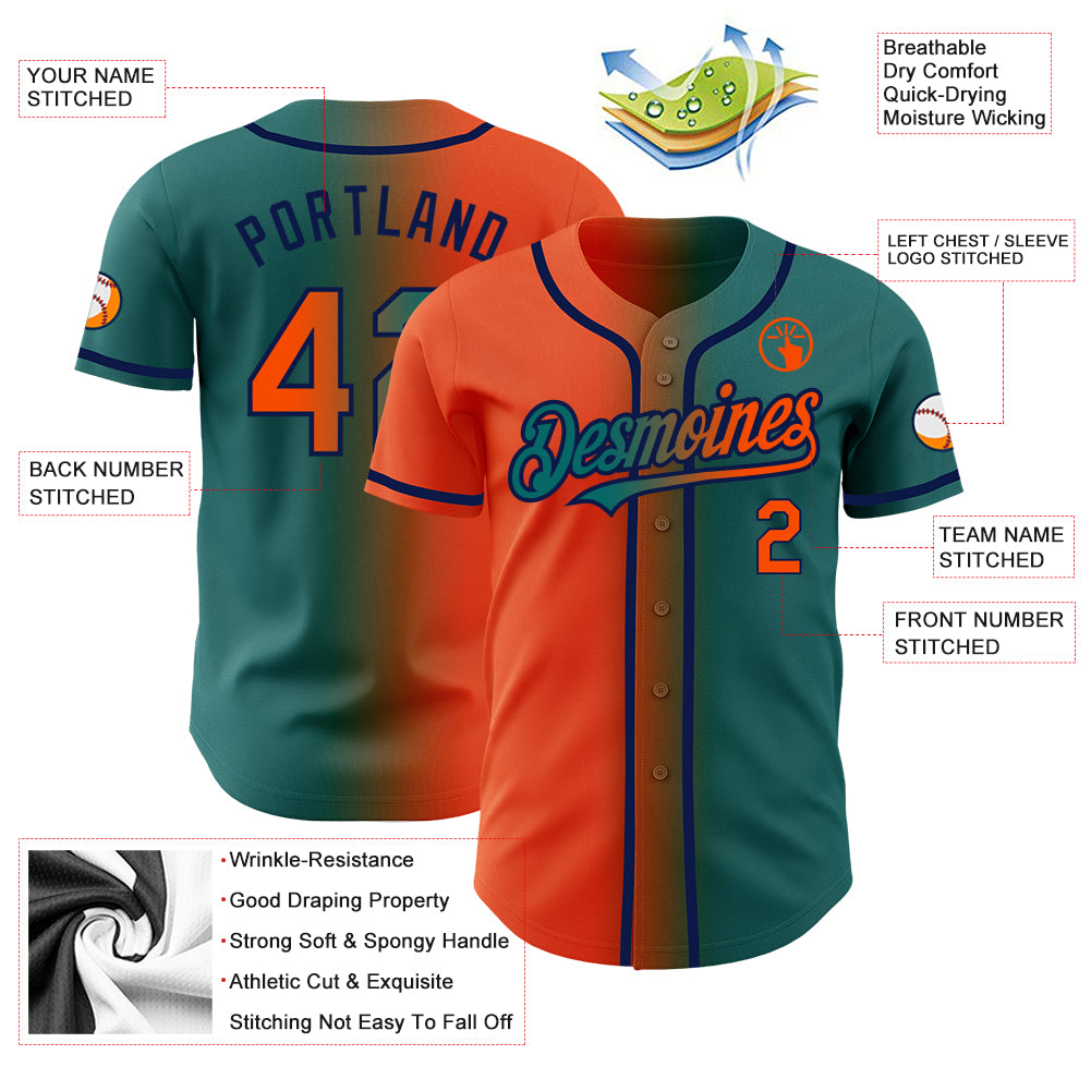 Custom Teal Orange-Navy Authentic Gradient Fashion Baseball Jersey