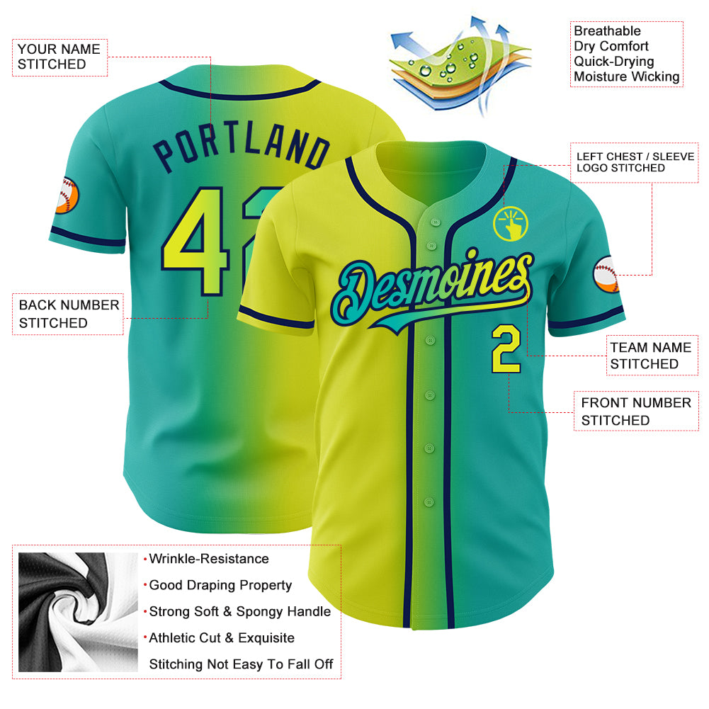 Custom Aqua Neon Yellow-Navy Baseball Jersey Authentic Gradient Fashion with Free Shipping1