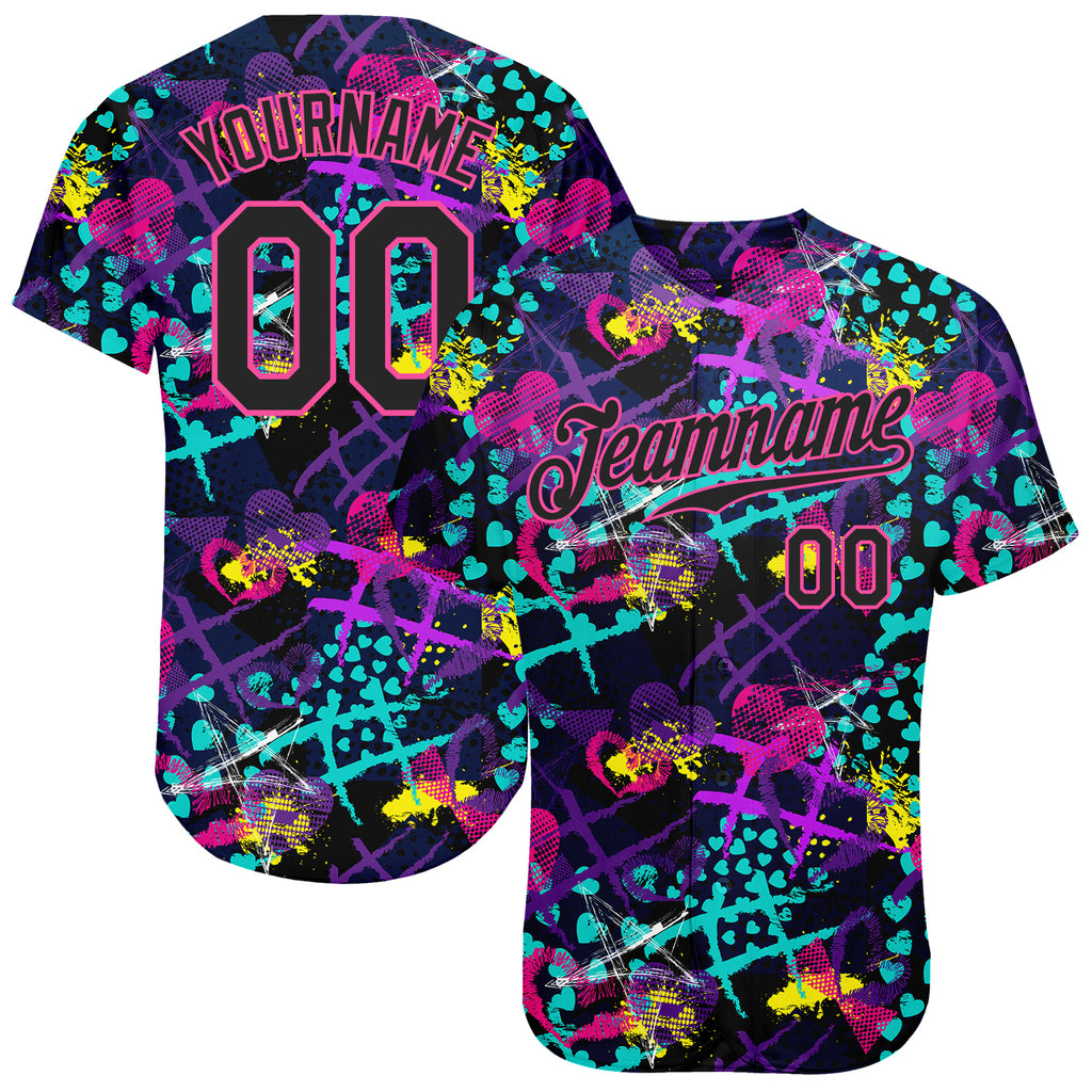Custom Graffiti Pattern Black-Pink 3D Creative Hearts Stars Geometric Figures Authentic Baseball Jersey
