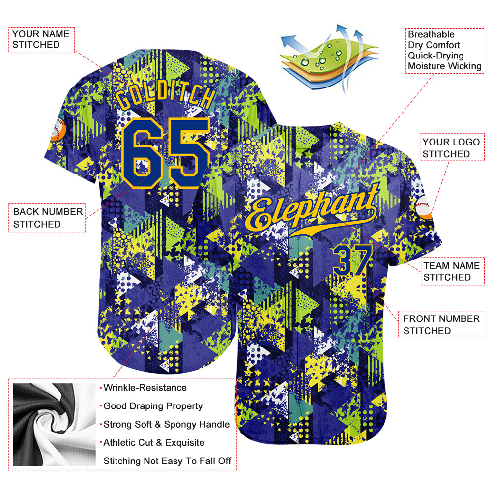 Custom Graffiti Pattern Royal-Gold 3D Creative Geometric Figures Triangle And Dots Authentic Baseball Jersey