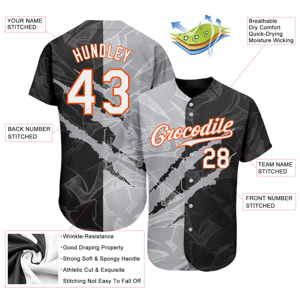Custom Graffiti Pattern White Gray-Orange 3D Scratch Authentic Baseball Jersey