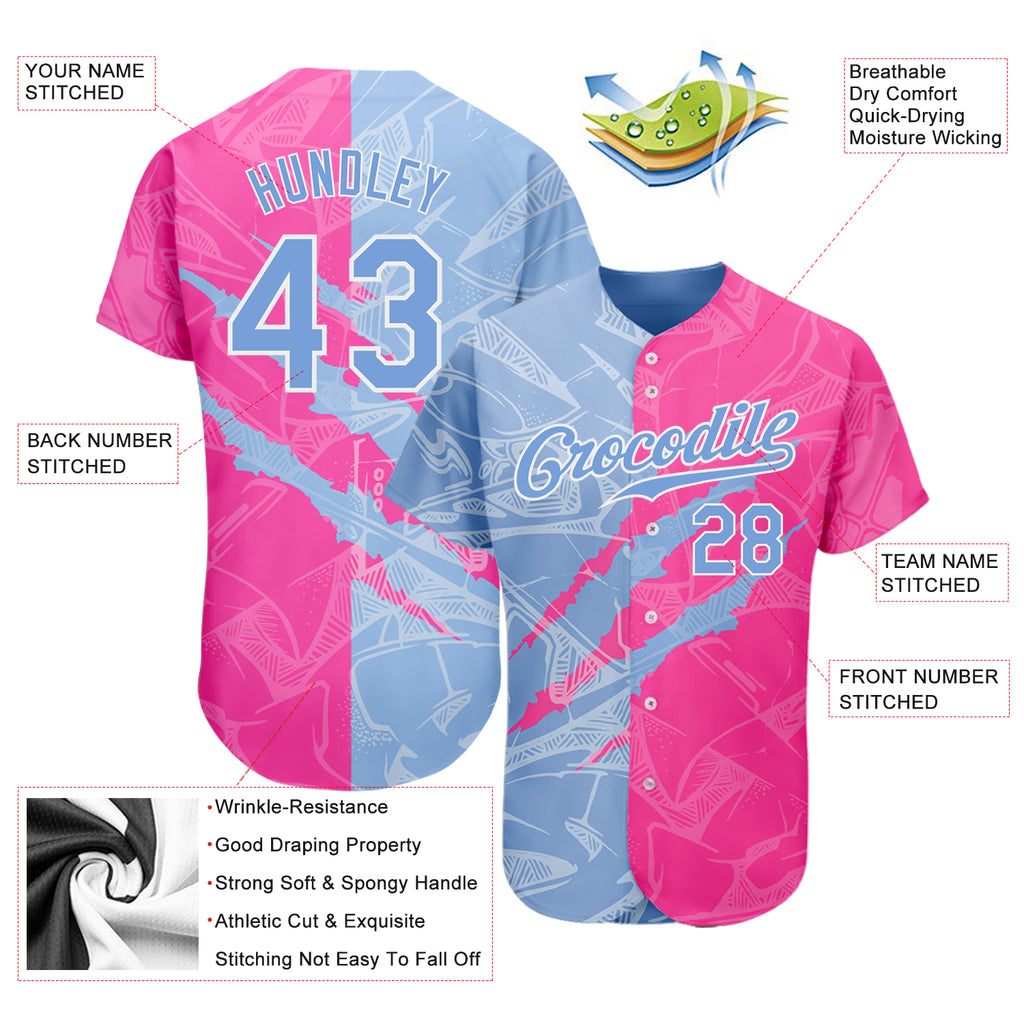 Custom Graffiti Pattern Light Blue-Pink 3D Scratch Authentic Baseball Jersey