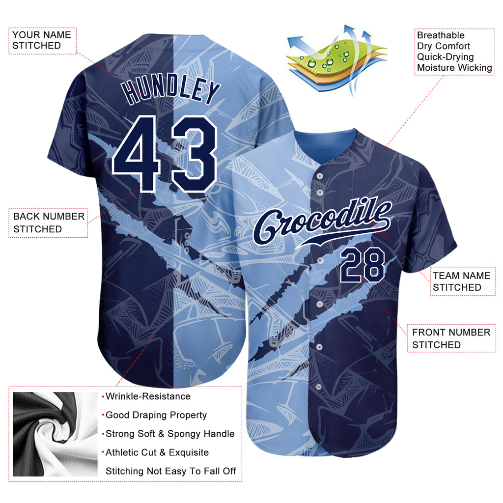Custom Graffiti Pattern Navy-Light Blue 3D Scratch Authentic Baseball Jersey