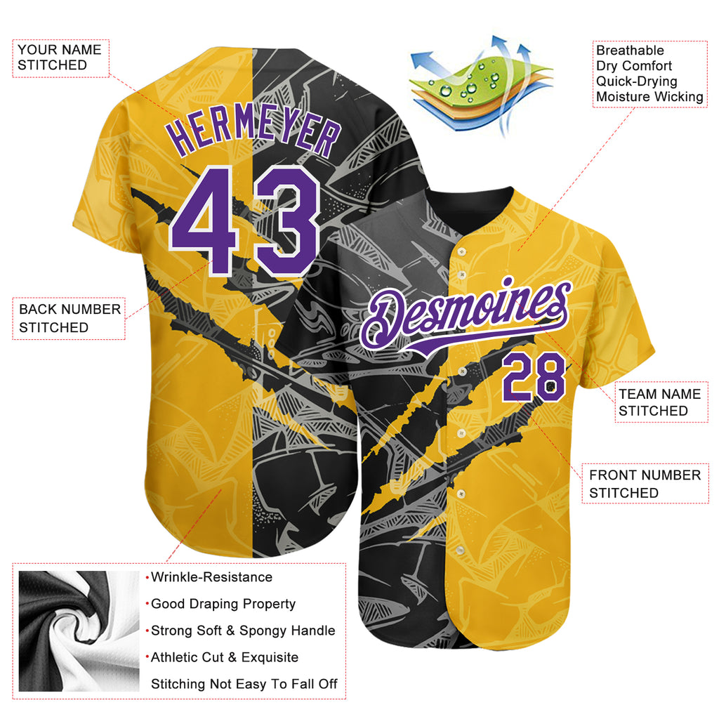 Custom Graffiti Pattern Purple Yellow-Black 3D Scratch Authentic Baseball Jersey