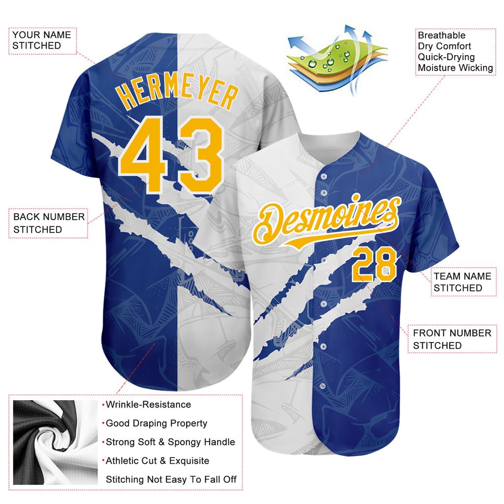 Custom Graffiti Pattern Yellow-Royal 3D Scratch Authentic Baseball Jersey