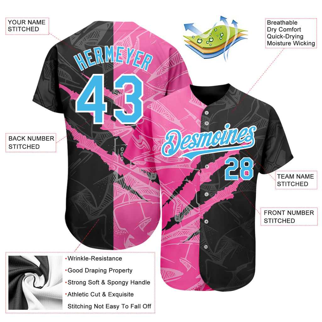 Custom Graffiti Pattern Sky Blue Black-Pink 3D Scratch Authentic Baseball Jersey