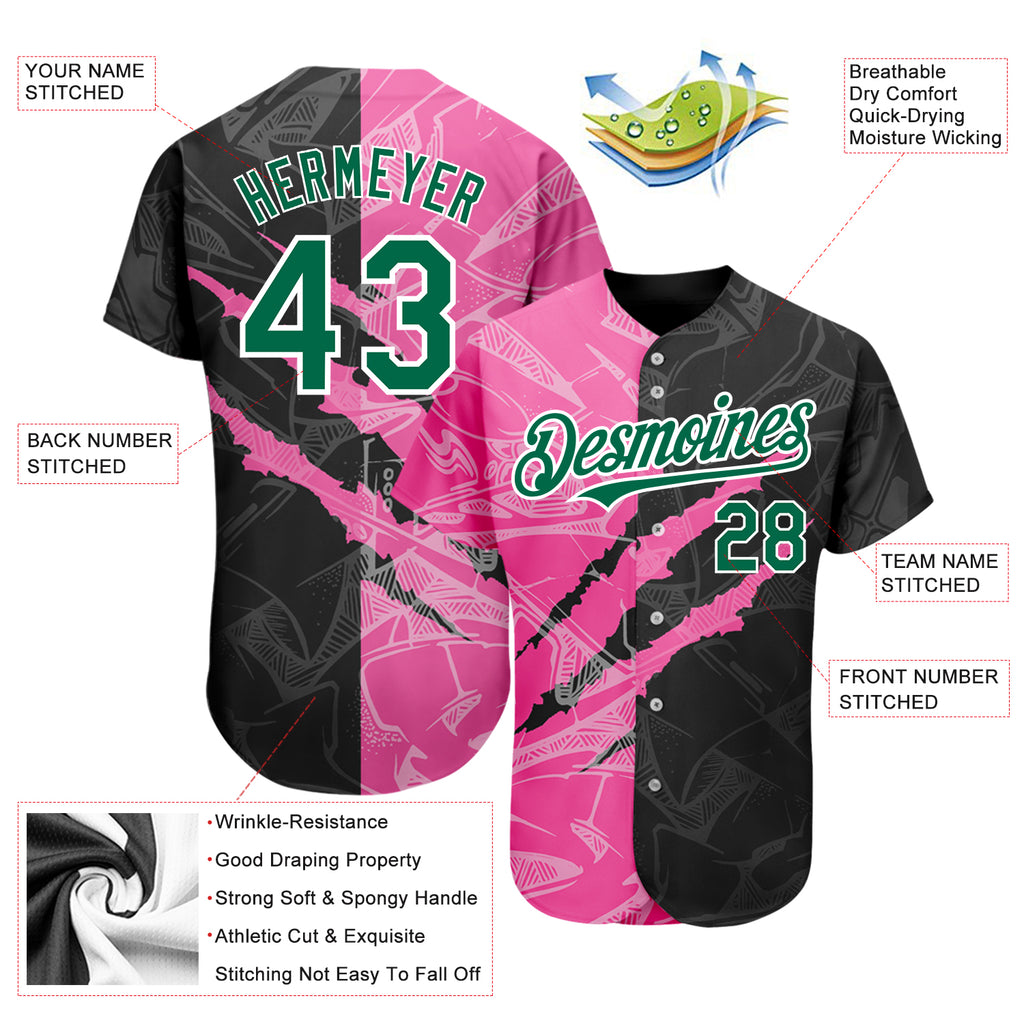 Custom Graffiti Pattern Kelly Green Black-Pink 3D Scratch Authentic Baseball Jersey