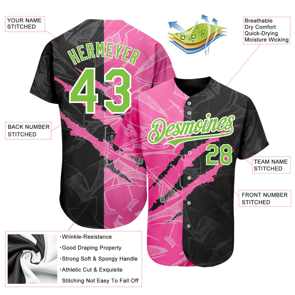 Custom Graffiti Pattern Neon Green Black-Pink 3D Scratch Authentic Baseball Jersey