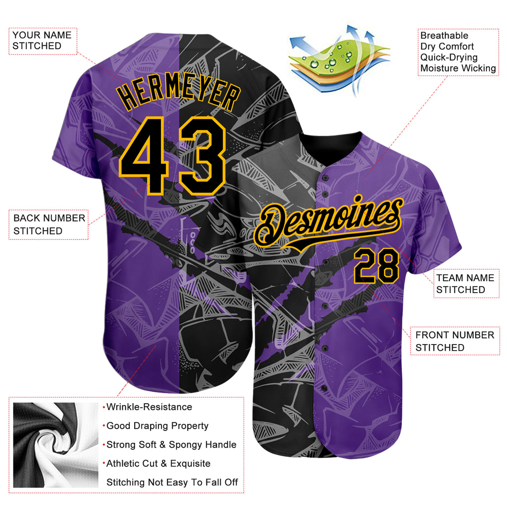 Custom Graffiti Pattern Black Purple-Gold 3D Scratch Authentic Baseball Jersey