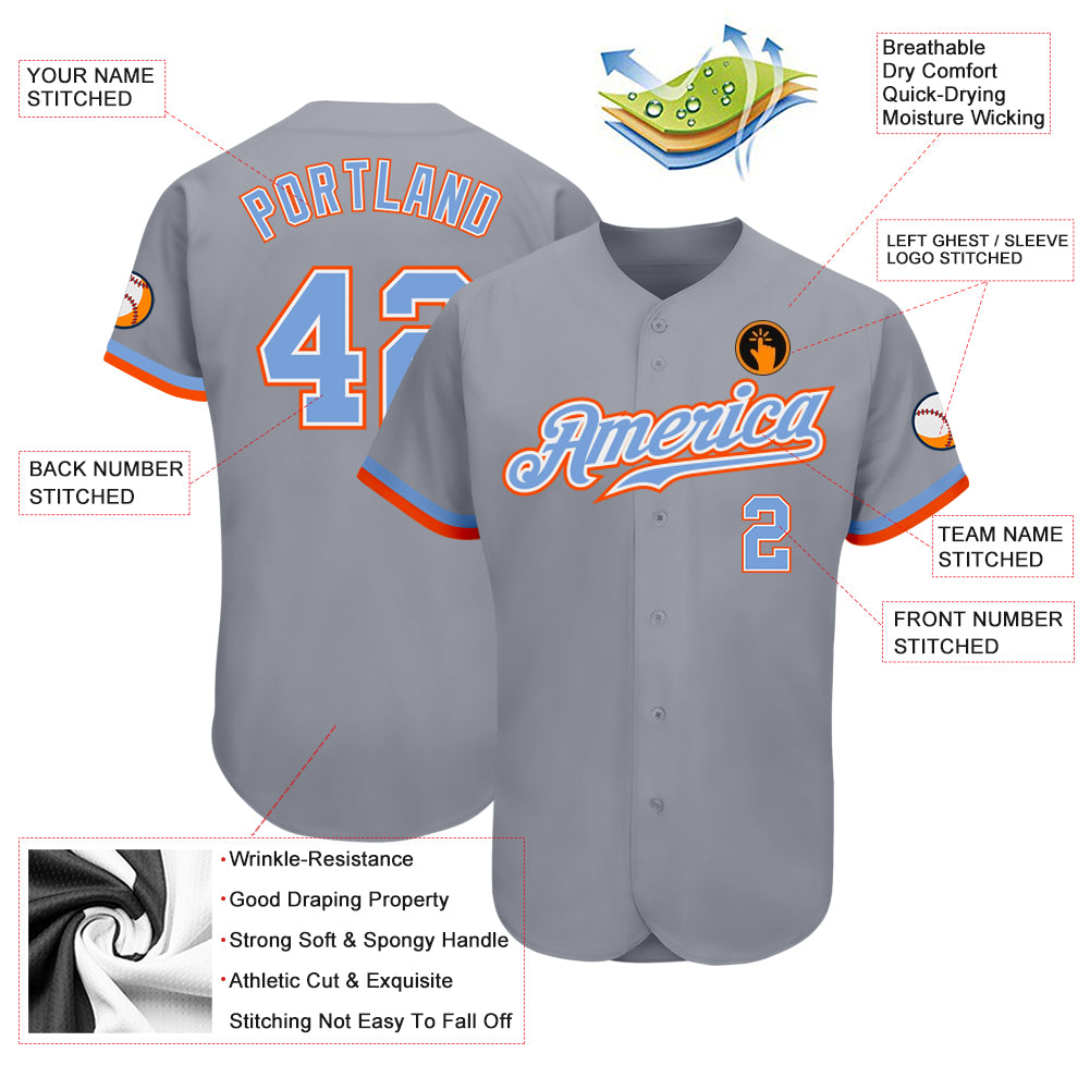 Custom Gray Powder Blue White-Orange Authentic Baseball Jersey