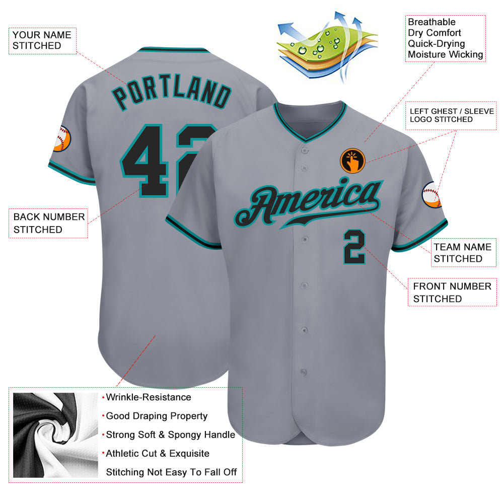 Custom Gray Black-Teal Authentic Baseball Jersey