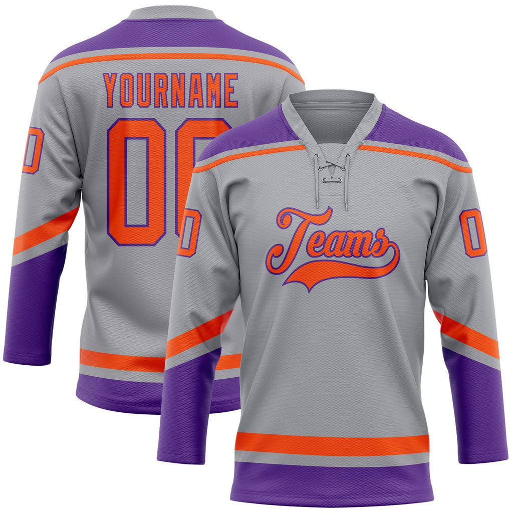Custom Gray Orange-Purple Hockey Lace Neck Jersey