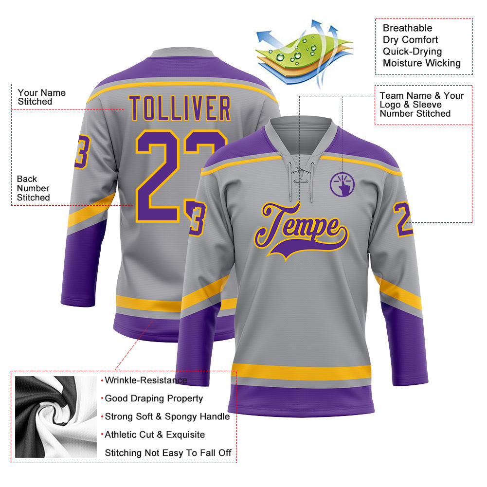 Custom Gray Purple-Gold Hockey Lace Neck Jersey