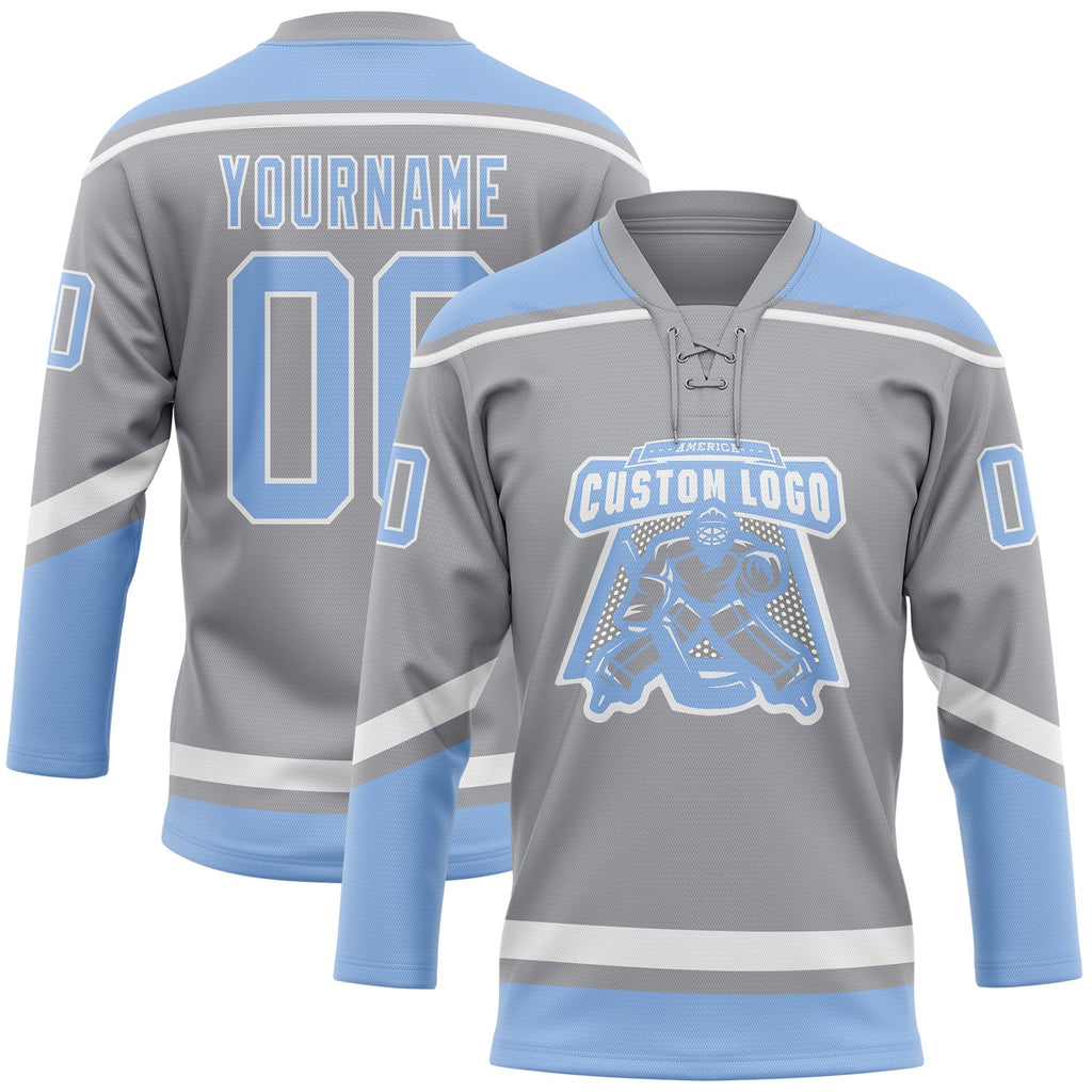 Custom Gray Light Blue-White Hockey Lace Neck Jersey