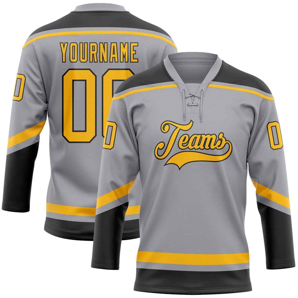 Custom Gray Gold-Black Hockey Lace Neck Jersey