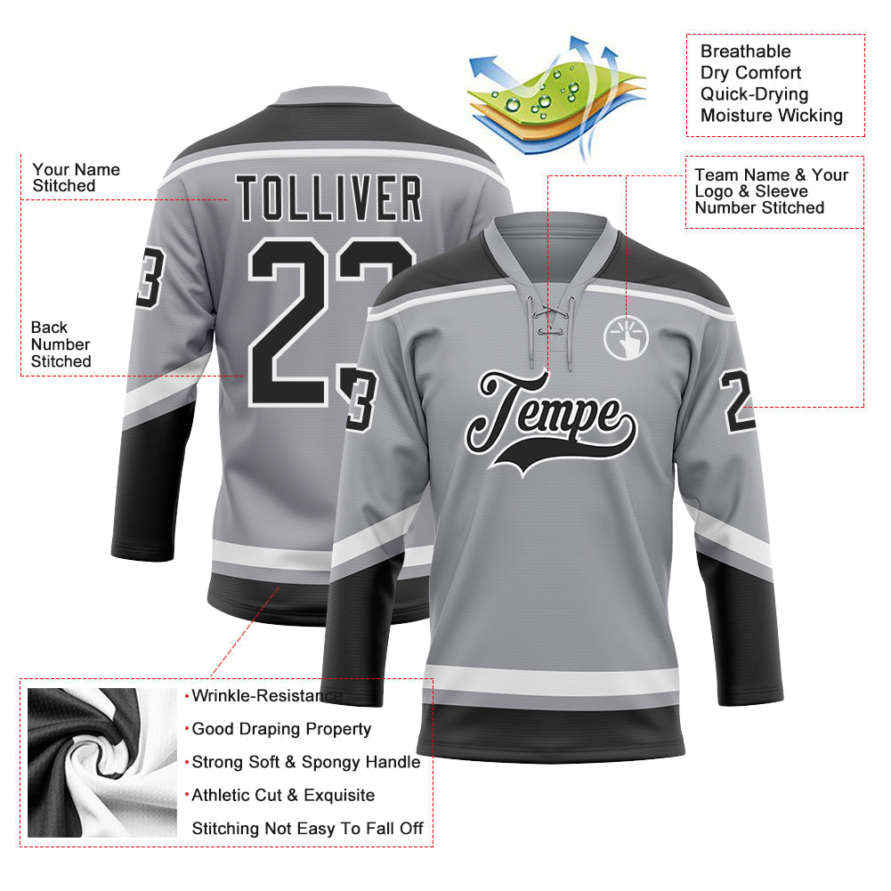Custom Gray Black-White Hockey Lace Neck Jersey