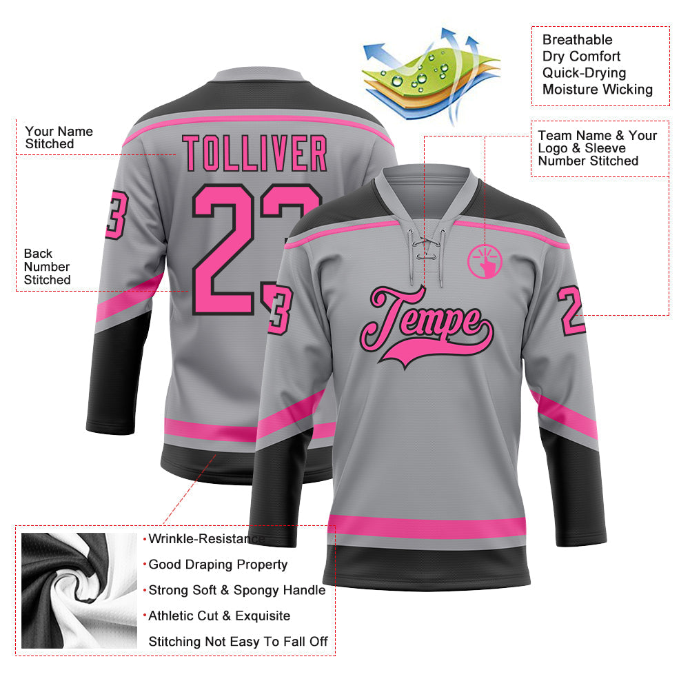 Custom Gray Pink-Black Hockey Lace Neck Jersey