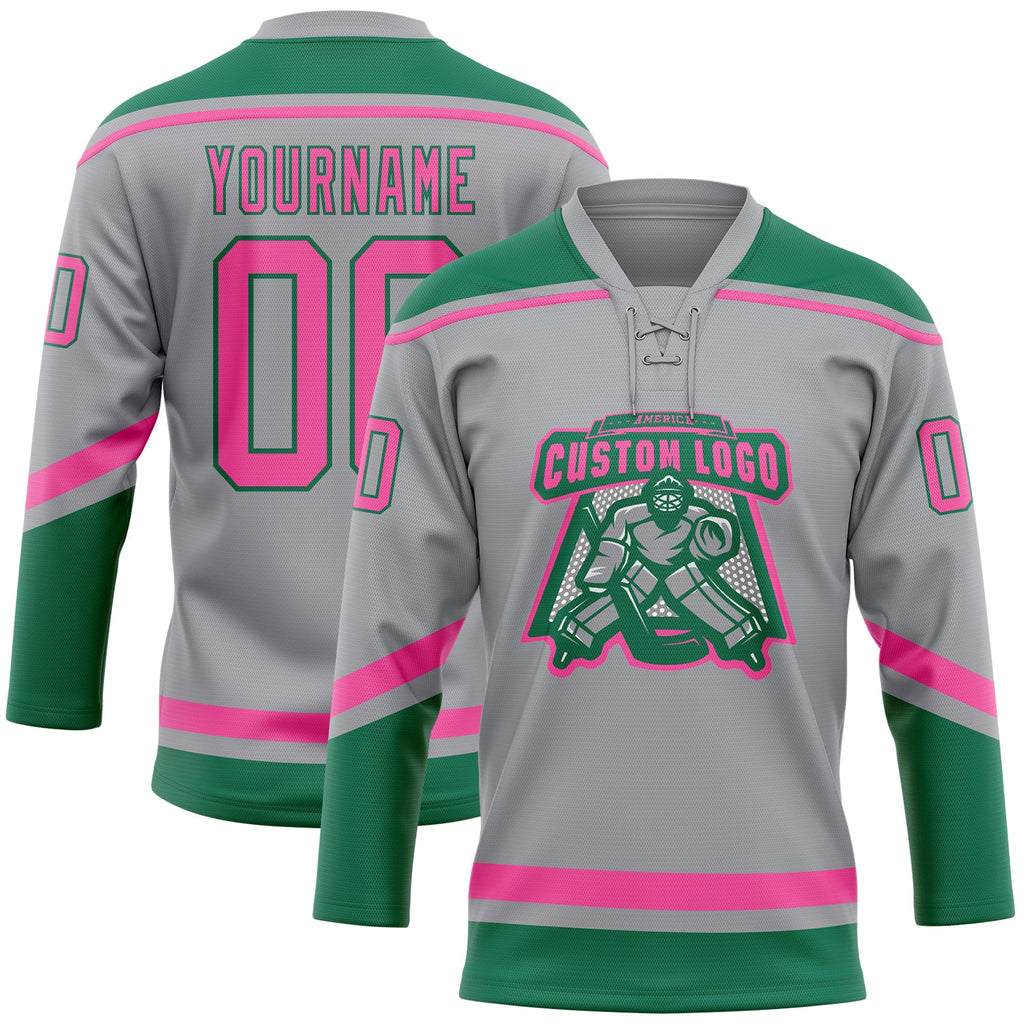Custom Gray Pink-Kelly Green Hockey Lace Neck Jersey