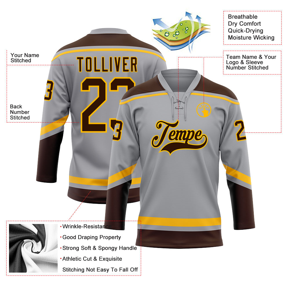 Custom Gray Brown-Gold Hockey Lace Neck Jersey