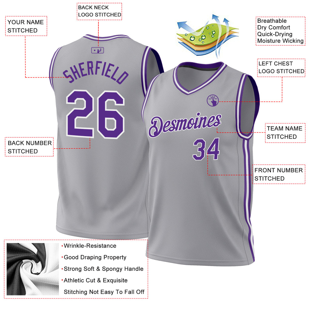 Custom Gray Purple-White Authentic Throwback Basketball Jersey