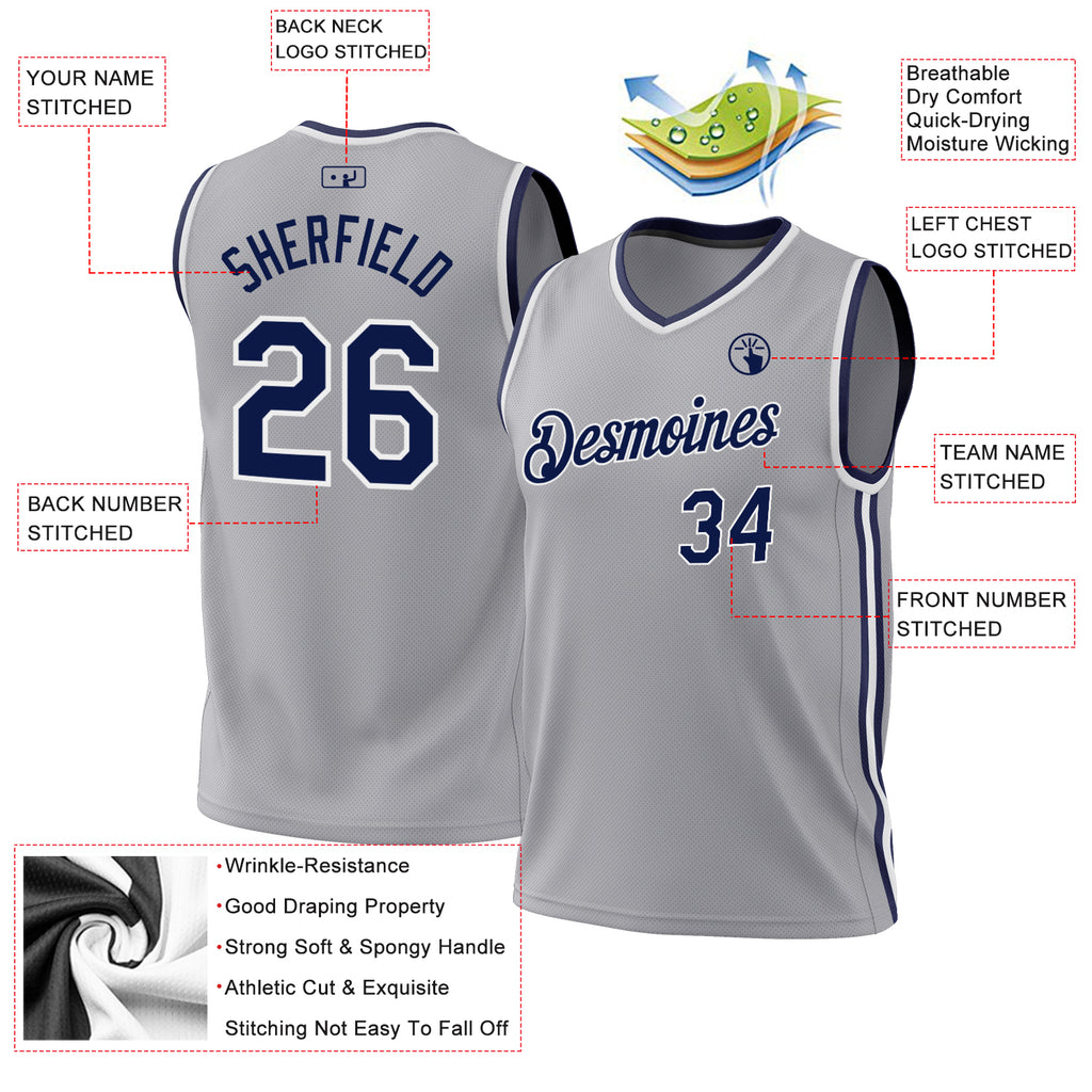 Custom Gray Navy-White Authentic Throwback Basketball Jersey