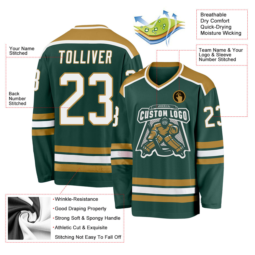 Custom Green White-Old Gold Hockey Jersey