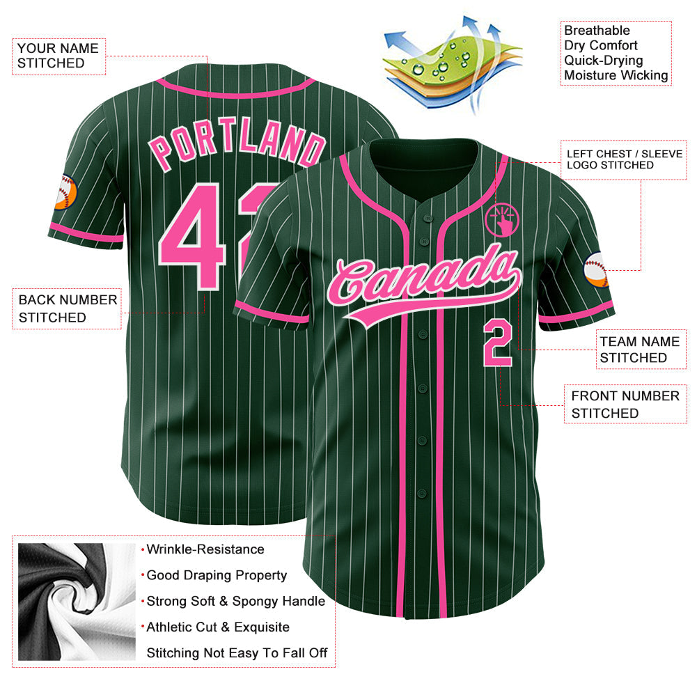 Custom Green White Pinstripe Pink Authentic Baseball Jersey