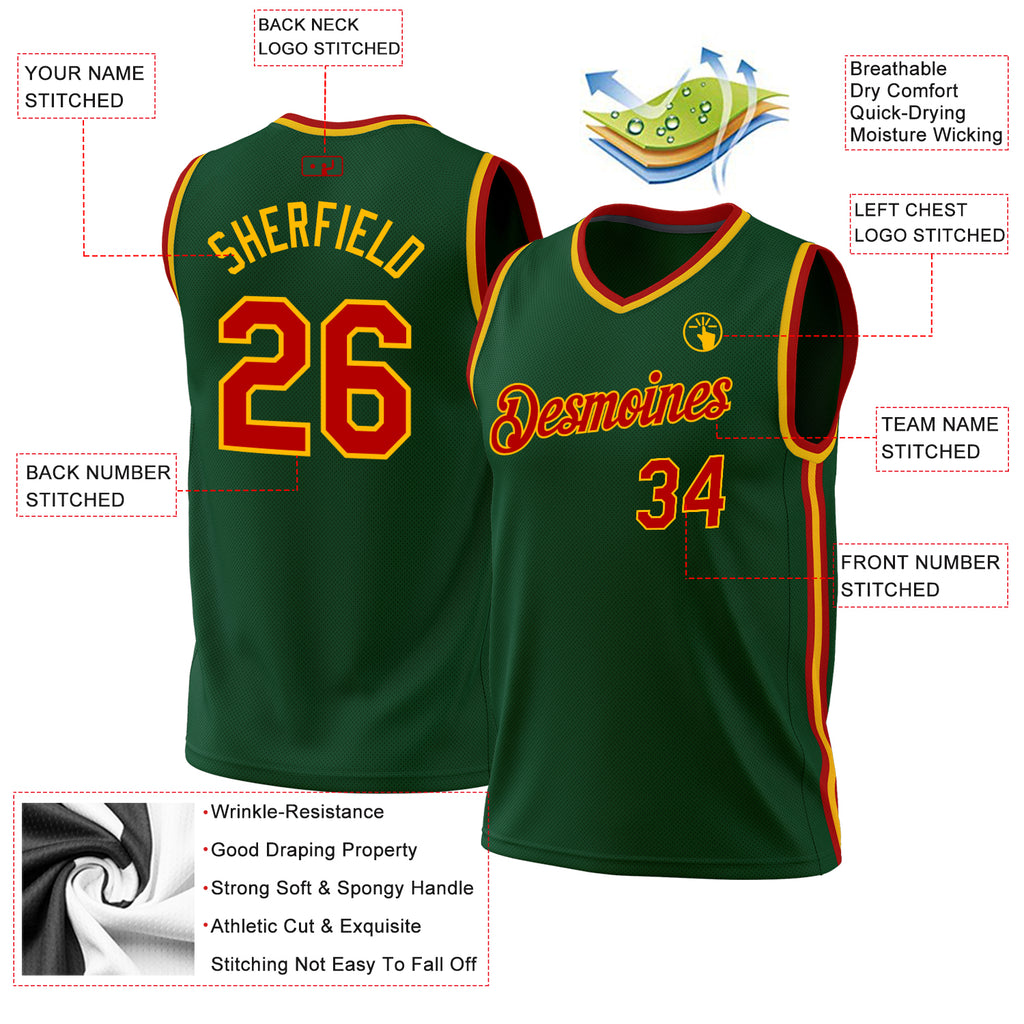 Custom Hunter Green Red-Gold Authentic Throwback Basketball Jersey