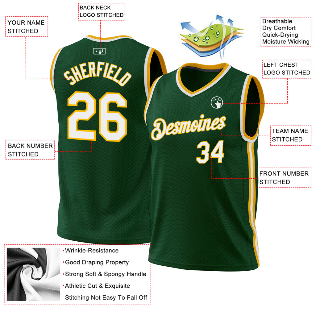 Custom Hunter Green White-Gold Authentic Throwback Basketball Jersey